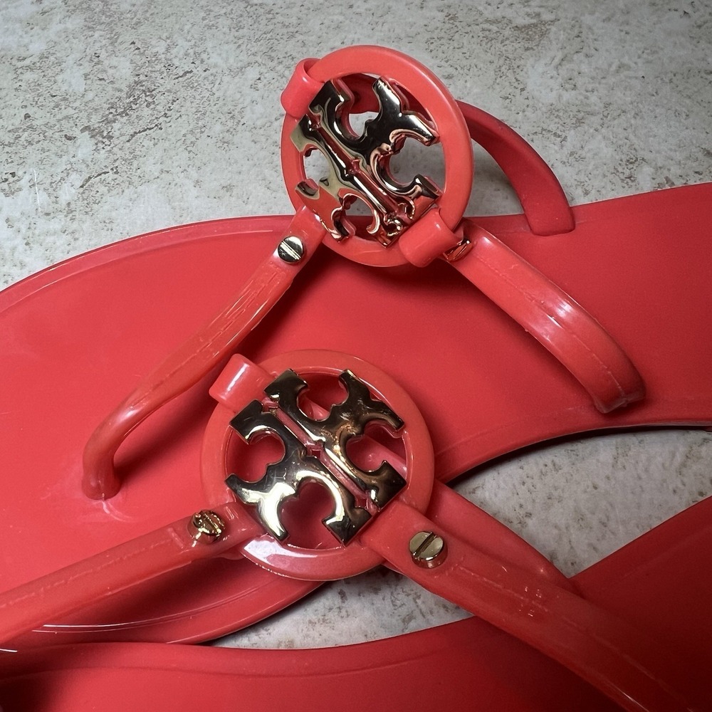 Tory Burch Mini Miller Jelly Thong Sandals Size 9 Orange Coral Double T Gold EUC